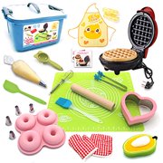 Kids Junior Tiny Real Easy Bake Kitchen Set and Cook Kit - 15 Pc. Mini Waffle Maker, Chef, Apron, Oven Mitt, Recipes - Easy Baking Real Food Utensils Gift for Boys and Girls Ages 6-12