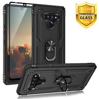 TJS Phone Case Compatible for LG Stylo 6, with [Full Coverage Tempered Glass Screen Protector][Impact Resistant][Defender][Metal Ring][Magnetic Support] Protector Armor Cover (Black)