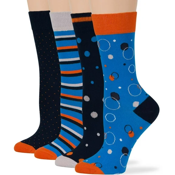 Women Cotton Calf Fun Socks 4 Pairs Medium 9-11, Polka Dot Stripe Bubble Soft Crew Long , Blue, Dark Navy, Orange