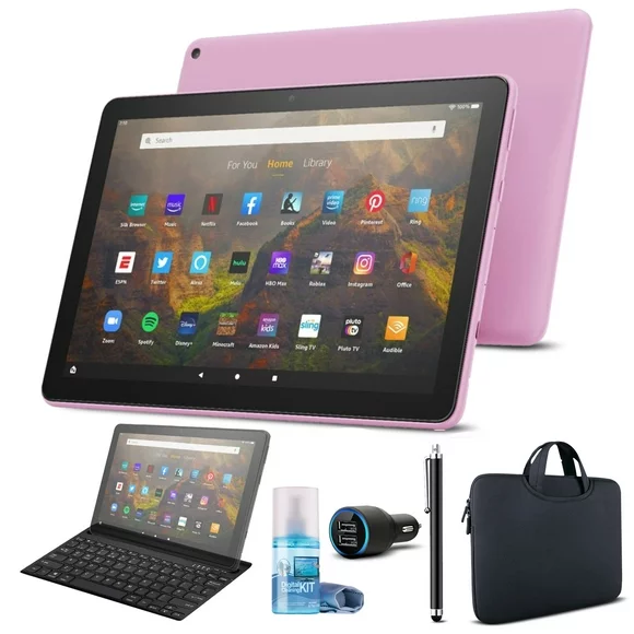Amazon Fire HD 10 32GB 10.1" Tablet (2021) - Lavender Bundle with Zipper Sleeve + Keyboard with Stand + Car Adapter + Stylus + Screen Cleaner