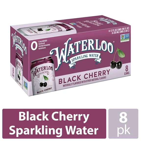 Waterloo Sparkling Water, Black Cherry, 12 fl oz, 8 Pack Cans