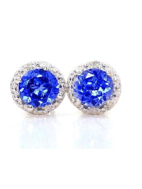 2 Ct Blue Sapphire & Diamond Round Stud Earrings 14Kt White Gold