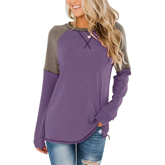 Anyjoin Women's Casual Long Sleeve Tunic Tops Crew Neck Color Block Blouses