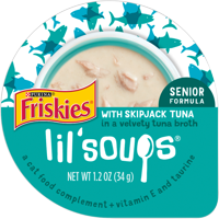(8 Pack) Friskies Natural, Grain Free Senior Broth Wet Cat Food Complement, Lil' Soups Skipjack Tuna, 1.2 oz. Tubs