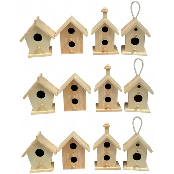 Creative Hobbies Mini 4 Inch Tall Birdhouse, Set of 12, Unfinished Wood Ready to Paint or Decorate