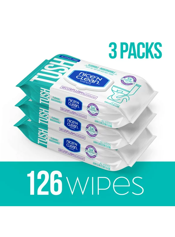 Nice 'N CLEAN SecureFLUSH Biodegradable Alcohol Free Flushable Wipes, Gentle for Sensitive Skin, 3 Flip-Top Packs (126 Total Wipes)