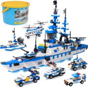 Exercise N Play City Police Station Building Blocks Set, 6 in 1 Missile Patrol Boat Building Toy W/ Police Car, Police Helicopter, Patrol Boat, Learning Roleplay Toys Gift for Kids Boys Girls Age 6-12