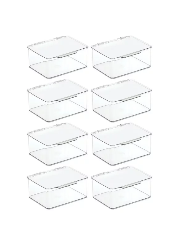 mDesign Plastic Stackable Compact Rectangular Storage Bin, Drawer or Cabinet Organizer with Lid, Container Box for Organizing Art Puzzles, Crayons, Pens, Pencils, other Organization, 8 Pack - Clear