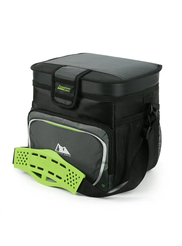 Arctic Zone 9 Can Zipperless Soft Sided Cooler with Hard Liner, Grey and Green