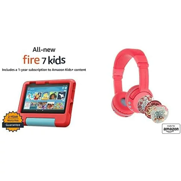 All-new Fire 7 Kids Tablet Bundle. Includes Fire 7 Kids Tablet | Red & Made For Amazon PlayTime Volume Limiting Bluetooth Kids Headphones Age (3-7) | Red