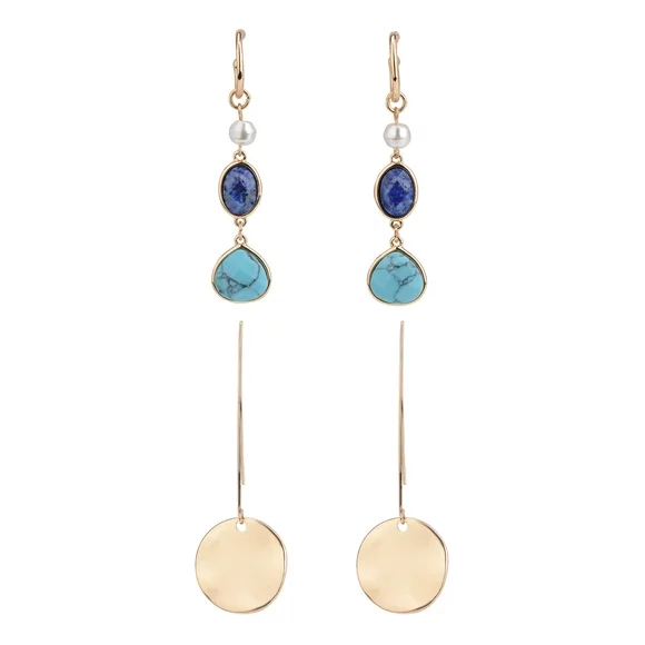 The Pioneer Woman - Women's Jewelry, Gold-tone Semi-precious Stone Drop and Hammered Coin Duo Earring Set