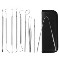 Dental Tools, 9 Pack Teeth Cleaning Tools Set Stainless Steel Dental Scraper Tooth Pick Hygiene Set with Mouth Mirror, Tweezer Kit for Dentist, Family Oral Care, Dogs - with Leather Case