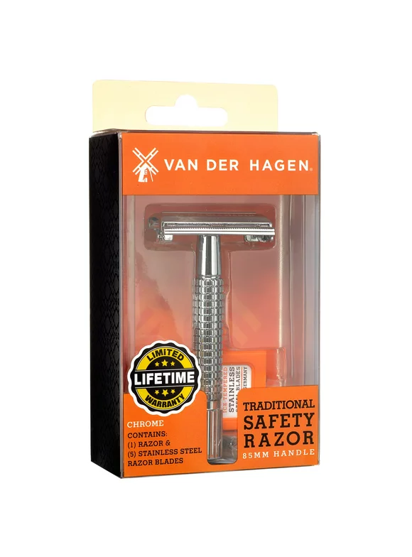 Van der Hagen Traditional Safety Razor Kit with 5 Stainless Steel Blades, Chrome Silver