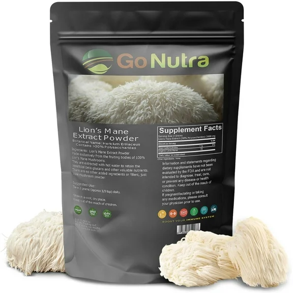 Go Nutra Lion’s Mane Powder, Potent 10:1 Lion’s Mane Mushroom Powder with 30% Polysaccharides, Pure Lions Mane Extract Non-Gmo, 8 oz