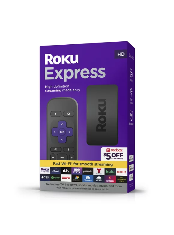 Roku Express (New, 2022) HD Streaming Device with High-Speed HDMI Cable and Simple Remote (no TV controls), Guided Setup, and Fast Wi-Fi