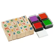 Moore: Premium Wooden Small Alphabet Stamp Set - 34 piece set of Lowercase Alphabet Stamps with 4 Color Ink Pads