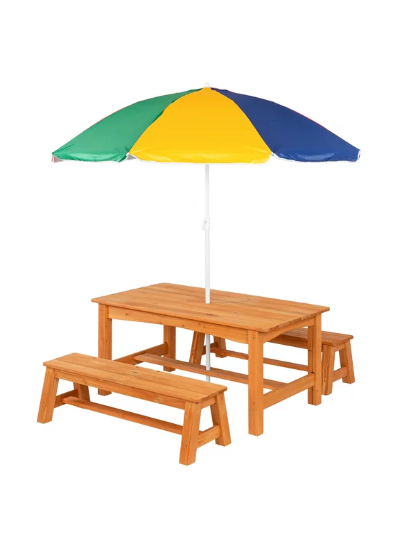JOYMOR Kid Picnic Table with Umbrella Wooden Picnic Table Set