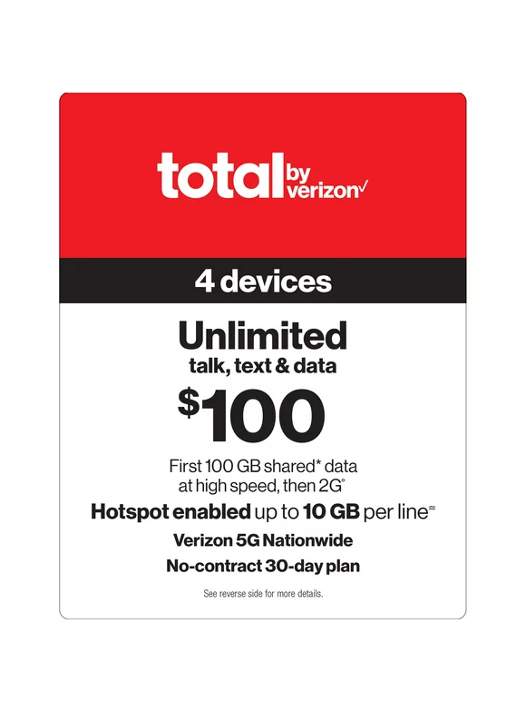Total by Verizon (formerly Total Wireless) $100 Unlimited 30-Day 4 Lines Prepaid Plan (100GB Shared Data at High Speeds, then 2G) + 10GB of Mobile Hotspot Per Line Direct Top Up