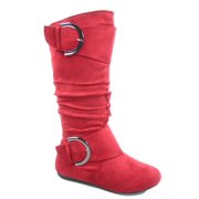 Bank-81 Women's Fashion Zipper Big Buckle Slouch Casual Flat Heel Mid Calf Round Toe Boots