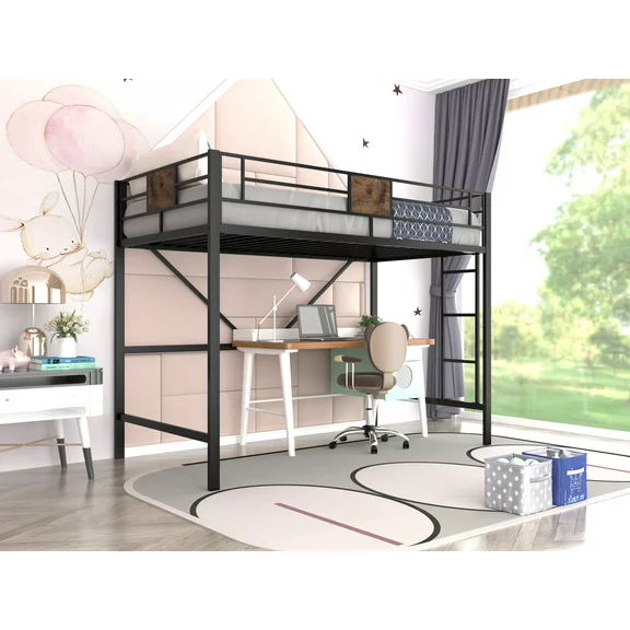 Allewie Metal Twin Size Loft Beds Frame with Stairs & Full-Length Guardrail, Space-Saving, Black