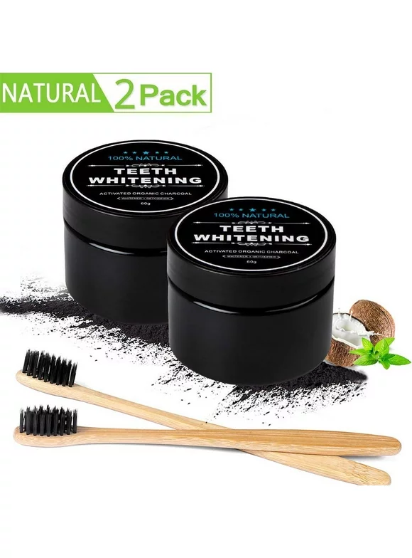2Pcs Activated Charcoal Teeth Whitening Powder(60g / 2.11oz), 2Pcs FREE Bamboo Toothbrush, Natural Whitening Teeth, Personal Coconut Charcoal