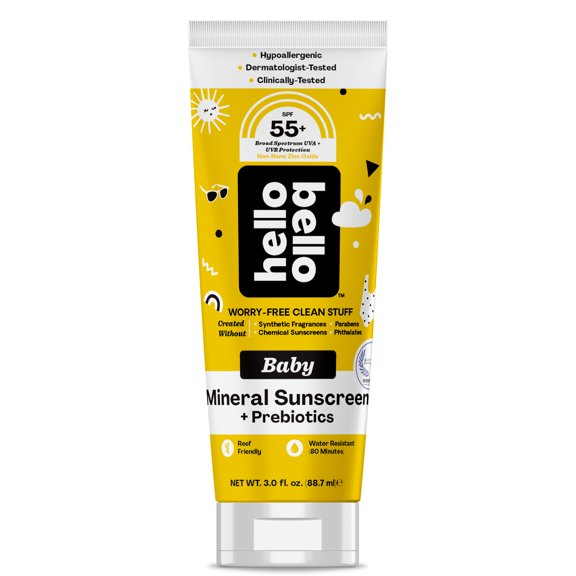Hello Bello Mineral SPF 55  Sunscreen Lotion with Prebiotics I Water Resistant and Reef Friendly Sun Protection for Babies and Kids I 3 fl oz