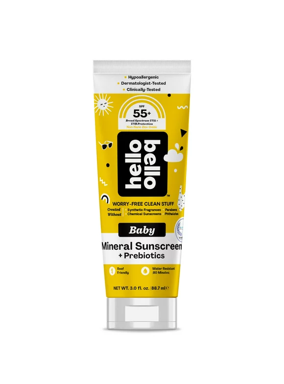 Hello Bello Mineral SPF 55+ Sunscreen Lotion with Prebiotics I Water Resistant and Reef Friendly Sun Protection for Babies and Kids I 3 fl oz