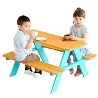 Teamson Kids Outdoor Picnic Table Set with Bench, Natural/Blue