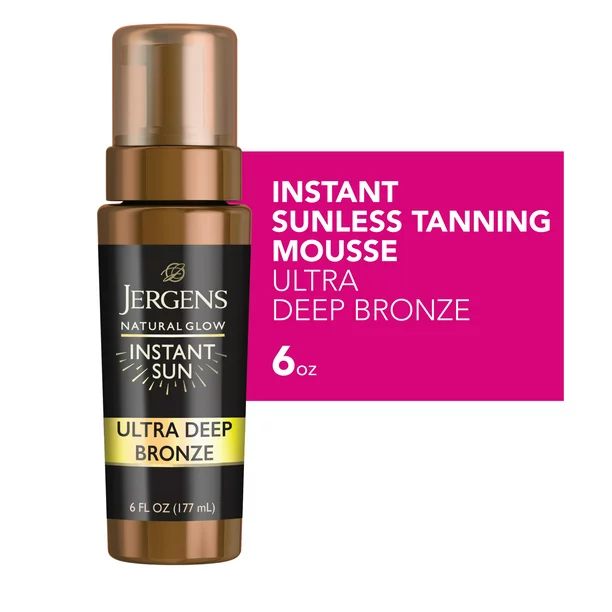 Jergens Natural Glow Instant Sun Sunless Tanning Mousse, Dermatologist Tested Self Tanner, in Deep Bronze 6 oz