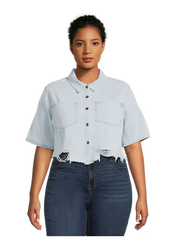 Madden NYC Juniors Plus Size Cropped Denim Shirt with Destructed Hem