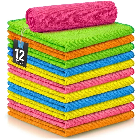 Zulay Kitchen 12 Pack Microfiber Cleaning Cloth - 12x12 inch Polyester Washable Cleaning Rags