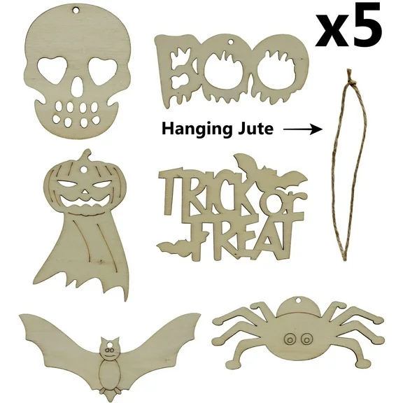 30 Piece Wood Craft Halloween Ornament Variety Pack with Hanging Jute - DIY Halloween Party Decoration