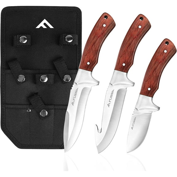 FLISSA Hunting Knife Set, Full Tang Hunting Knife with Sheath, 3-Pieces Fixed Blade Knife, Hunting Survival Knives For Outdoor, Camping, Bushcraft
