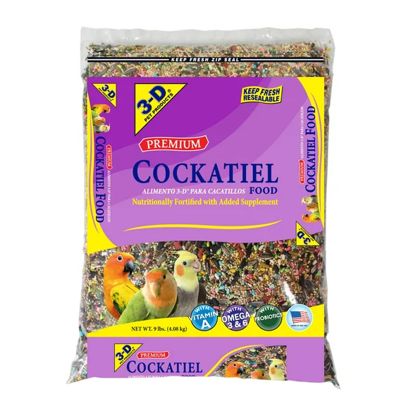3-D Pet Products Premium Cockatiel Mix Bird Food Seeds, with Probiotics, 9 lb. Bag