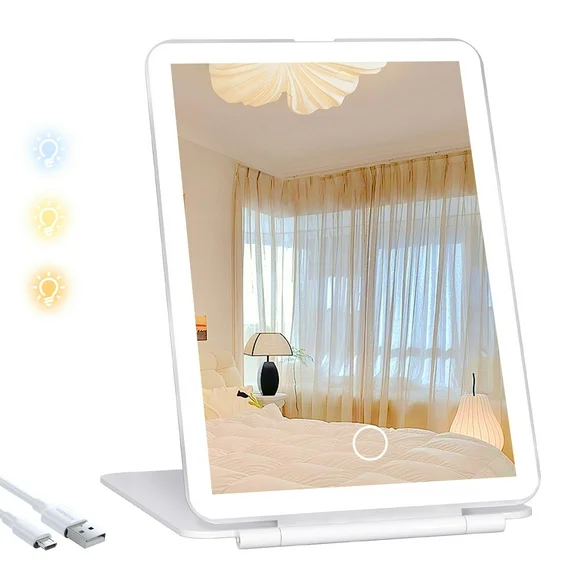 COOLJEEN Rechargeable Travel Makeup Vanity Mirror with 60 Led Lights Portable Rectangle White 7.9''