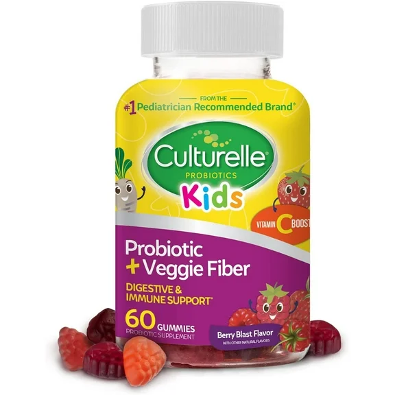 Culturelle Kids Probiotic with Veggie Fiber, 1 Billion CFUs Gummies, Berry Blast, 60 Count