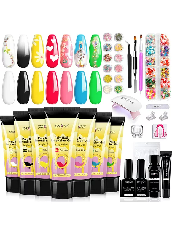 JOSLOVE Poly Extension Gel Nail Kit, 7 Colors Spring Summer Series Poly Nail Set Green Yellow Blue Nail Gel Colors All in One Kit for Nail Art Beginner DIY