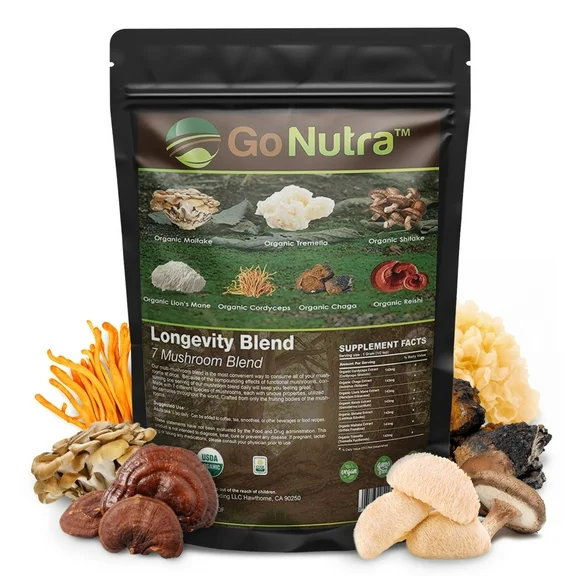 Go Nutra - Organic 7 Mushroom Supplement, Longevity Mushroom Powder with Lion’s Mane, Chaga, Maitake, Reishi, Cordyceps & more Mushroom Coffee, 8 oz.
