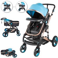 VEVOR 2 in 1 Portable Baby Stroller Blue Anti-Shock Springs Foldable Luxury Baby Stroller Adjustable High View Pram Stollers for Babys