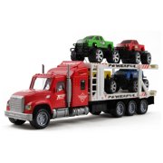 Vokodo Toy Semi Truck And Hauler 14.5" Push And Go With Four Lifted Pickup Cars Kids Friction Powered Big Rig Auto Carrier Transporter Trailer Semi-Truck Play Vehicle Great Gift For Children Boys Girl