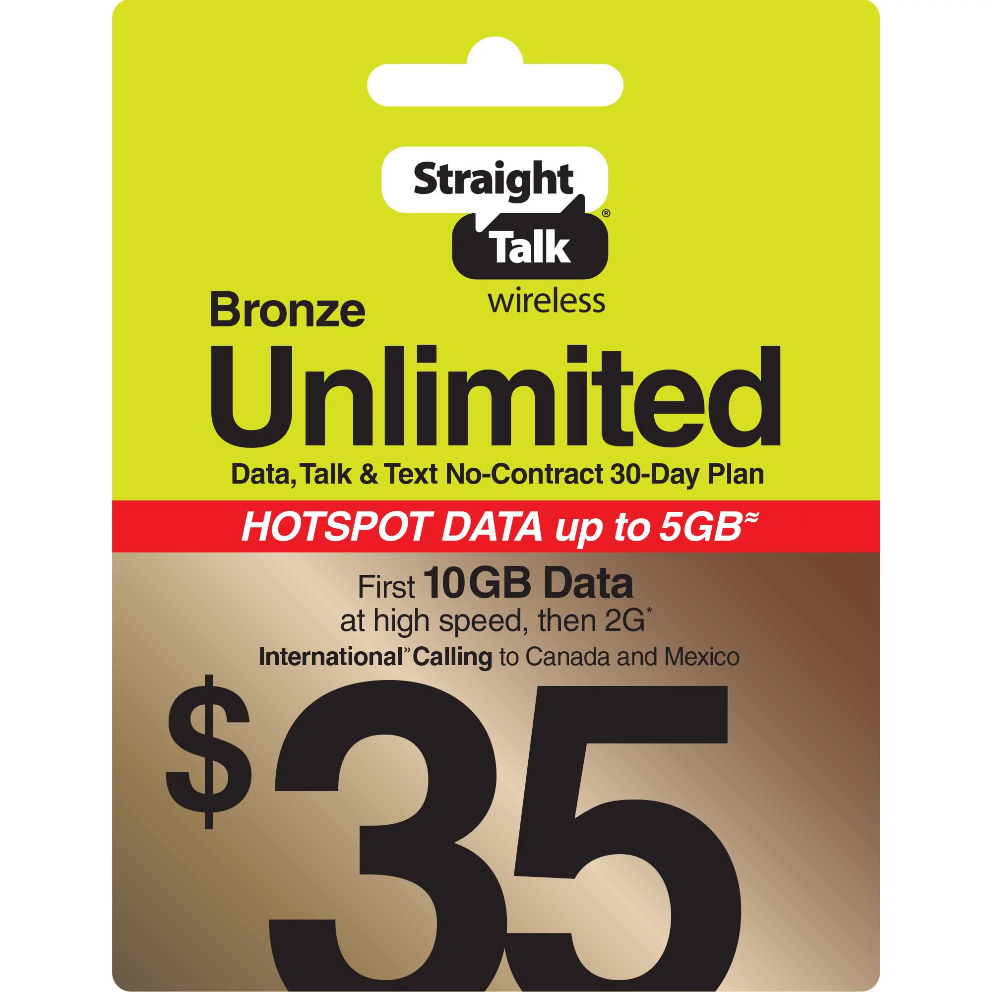 Straight Talk $35 Bronze Unlimited 30-Day Prepaid Plan (10GB of data at high speeds then 2G*) with 5GB Data Hotspot Enabled + Int'l Calling e-PIN Top Up (Email Delivery)