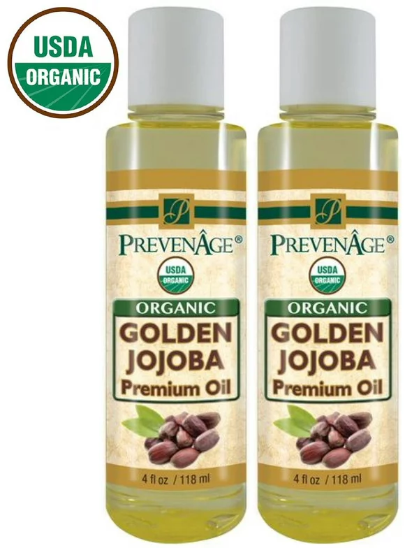 Golden Jojoba Oil 4 Oz (118 mL) Pack of 2 - USDA Organic - 100% Pure Jojoba Oil for Skincare and Haircare - Premium Grade - Cold Pressed - Carrier Oil by Prevenage