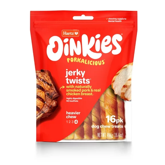 Hartz Oinkies Rawhide-Free Chicken Wrapped Smoked Pig Skin Twists Dog Treats, 16.4oz (16 Count)