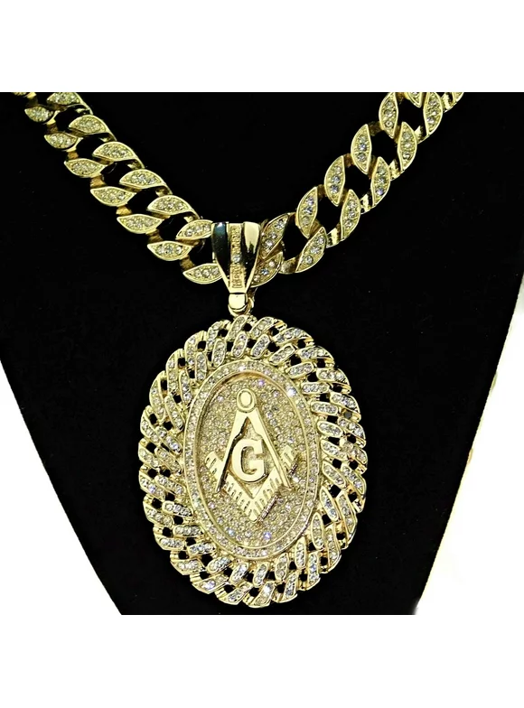Mens Huge Mason Hip Hop Chain Oval Medallion Pendant Masonic Freemason Gold Finish 30" Cuban Bling Necklace