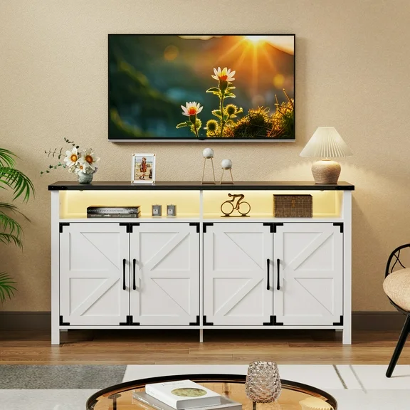 Eclife 4 Barn Doors Sideboards with LED Light for Home Storage Organizer, White