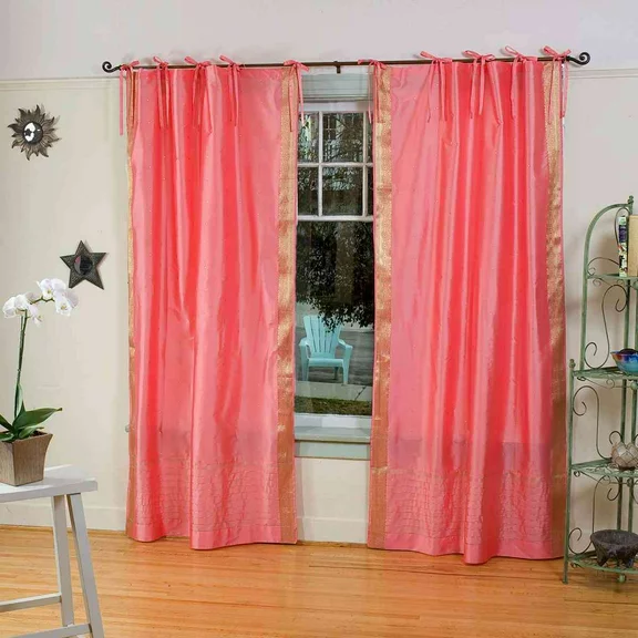 Pink Tie Top Sheer Sari Curtain / Drape / Panel - Piece