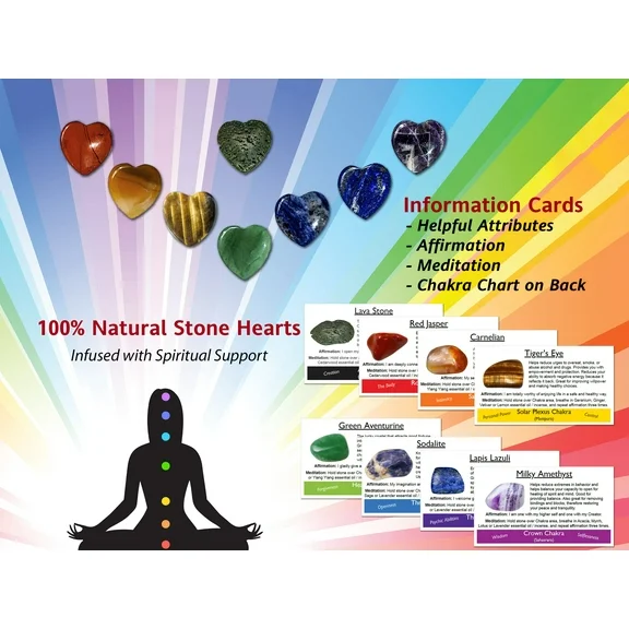 Natural Stone Chakra Infinity Hearts Collection with Information Cards, Affirmations and Meditation with Bonus Meditation Download