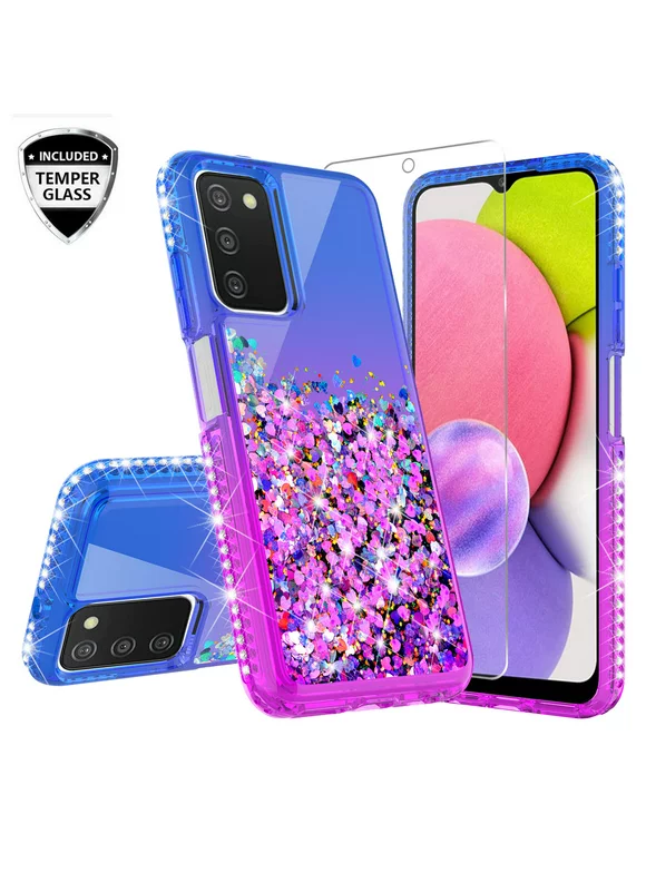 Samsung Galaxy A03S Case Liquid Quicksand Glitter Cute Phone Case Clear Bling Diamond Shock Protective Cover for Girls Women - Purple/Blue
