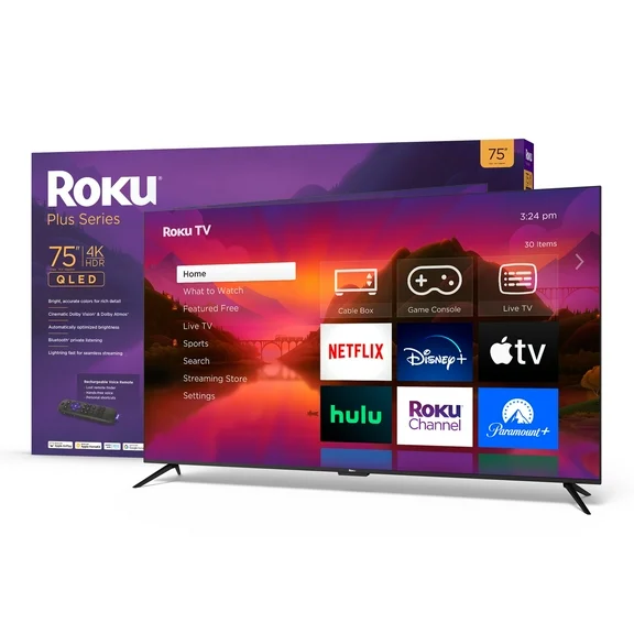 Roku 75” Plus Series 4K Dolby Vision HDR10  QLED Smart Roku TV with Roku Voice Remote Pro, Striking 4K Resolution, Automatic Brightness, Dolby Vision and HDR10 