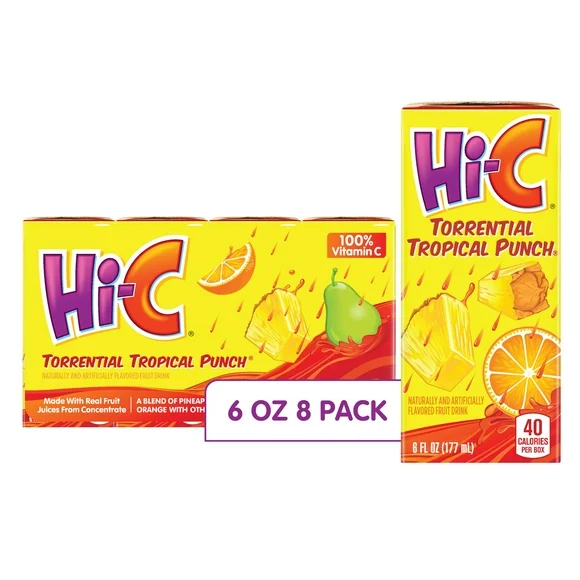 Hi-C Torrential Tropical Punch Fruit Juice, 6 fl oz, 8 Juice Boxes